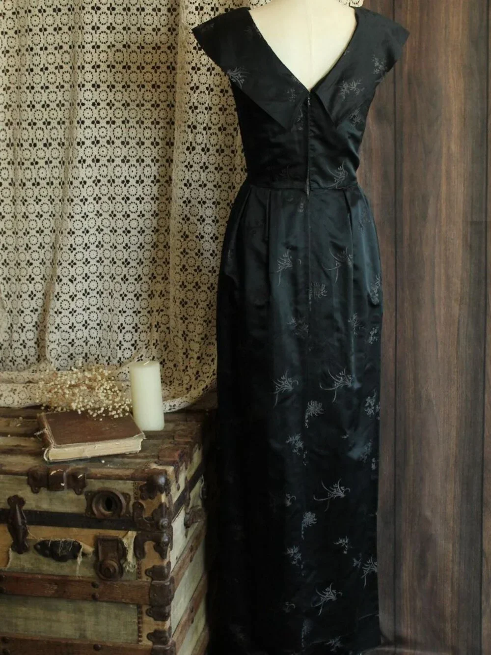 Vintage 1960s Dress, Black Satin Brocade Gown, Portrait Neckline Wiggle Style - Picture 6 of 13
